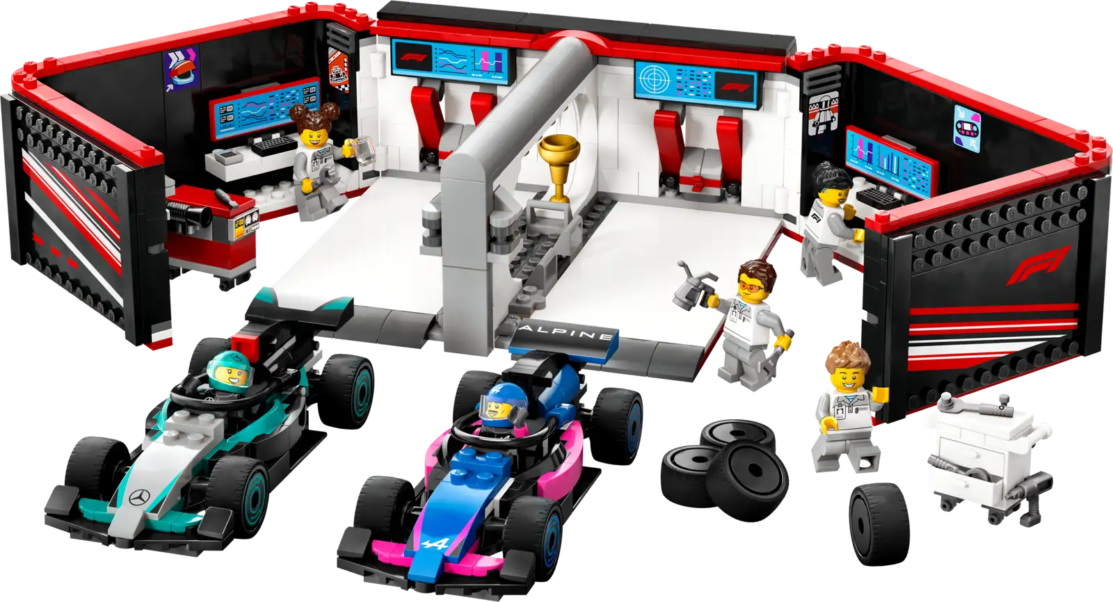 Completely Built Lego® Set of F1 Garage & Mercedes-AMG & Alpine Cars